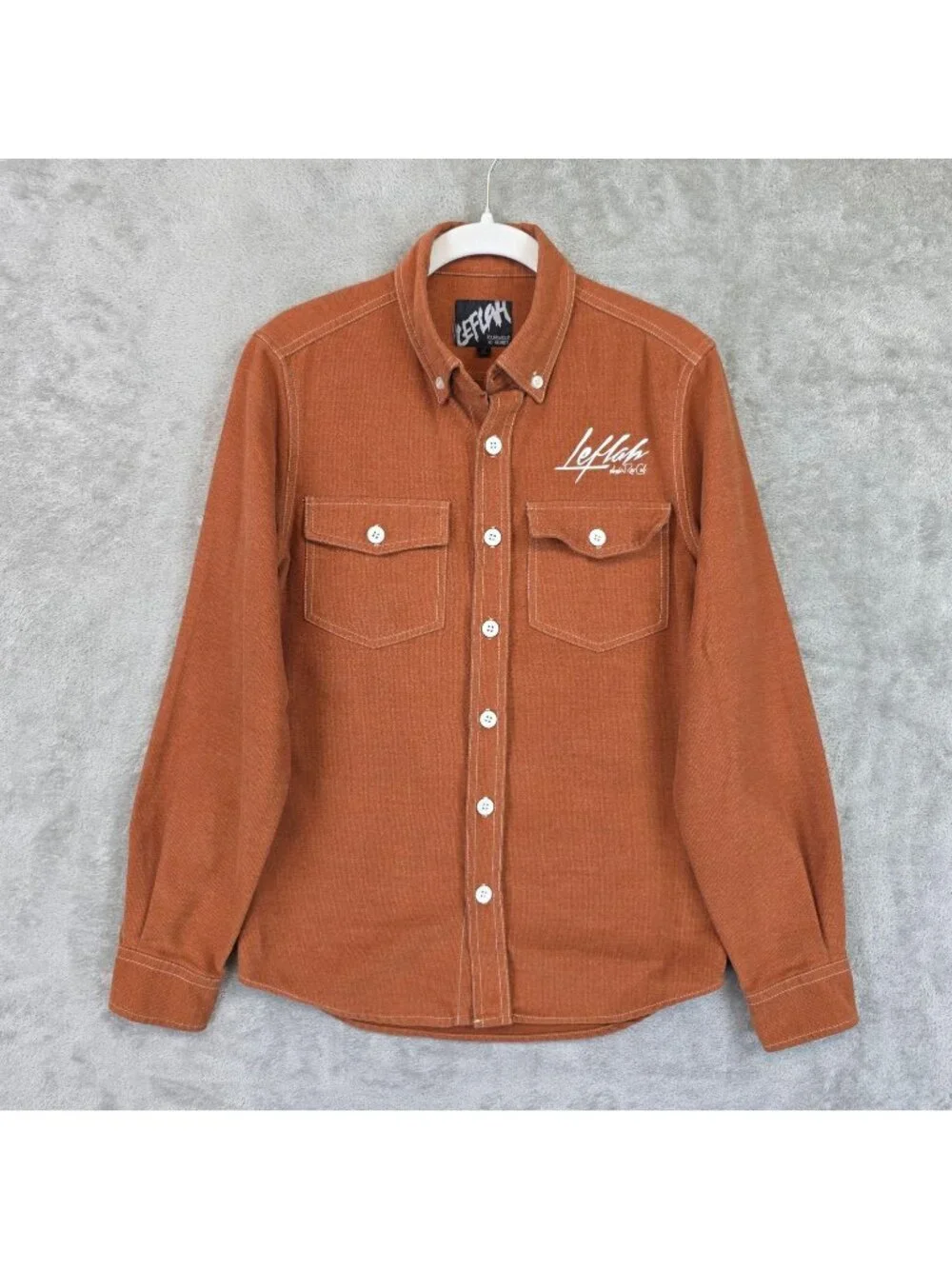 LEFLAH Shirt Mens Medium Brown Solid Long Sleeve Button Up Pockets Casual